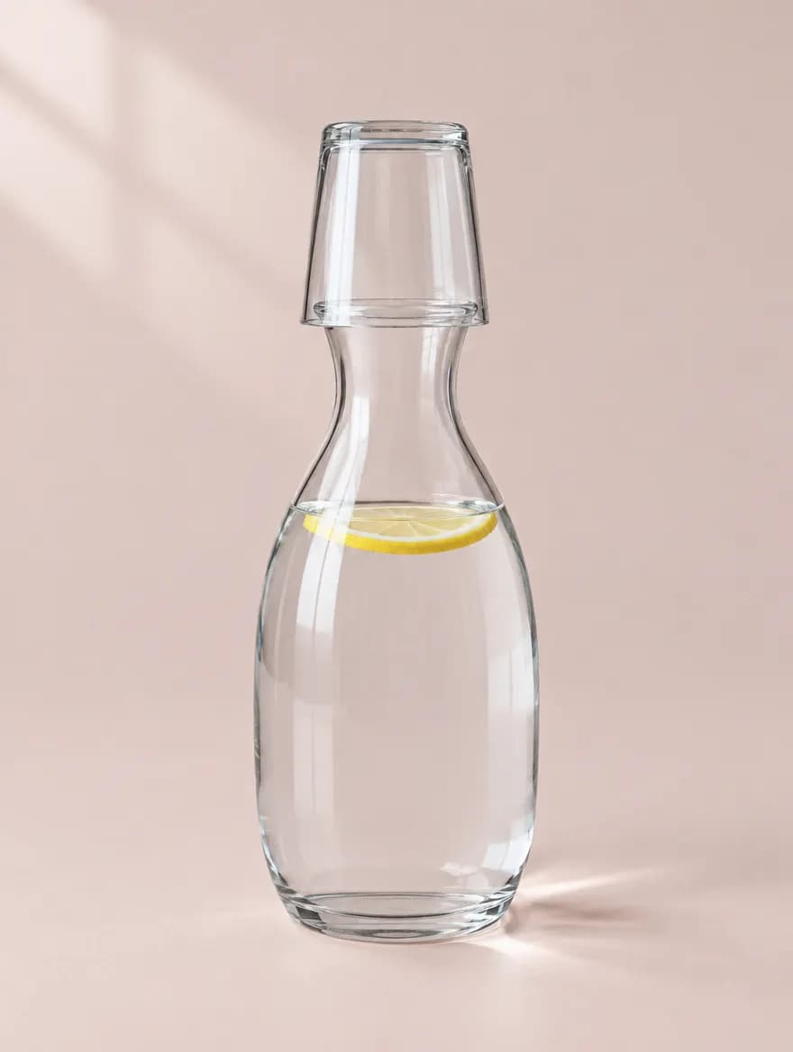 Clear glass water carafe with its tumbler lid