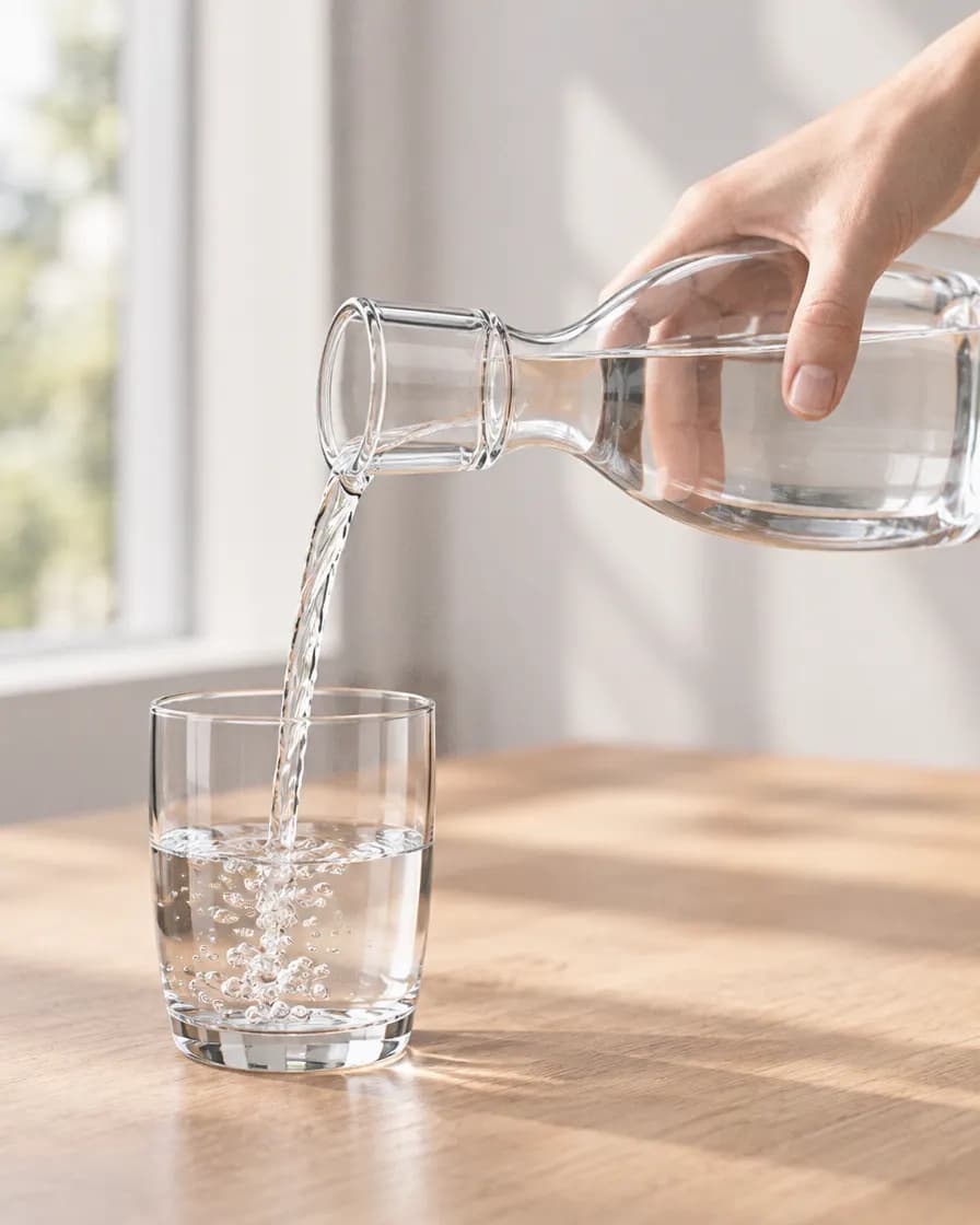 Pouring water from the carafe into its tumbler