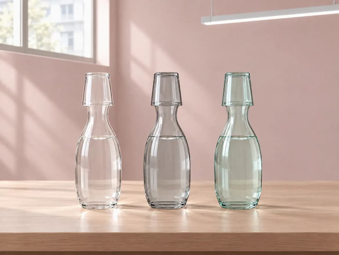 Clear, smoke and sea-green water carafes with tumbler lids on a desk under a high window
