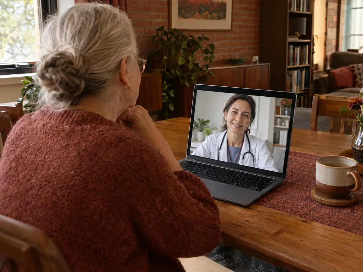 An older woman at a dining table on a video call with a doctor on a laptop