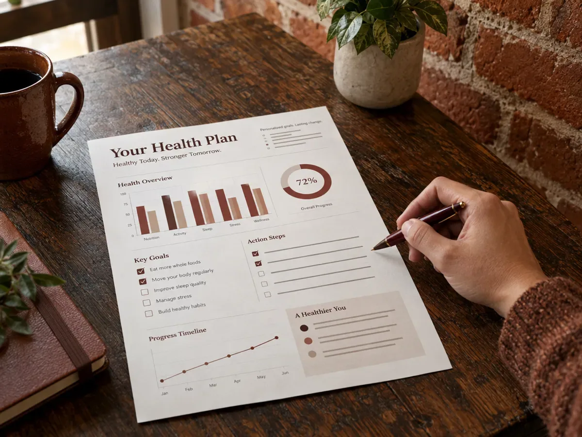 A printed personalized health plan on a farmhouse table, a hand holding a pen