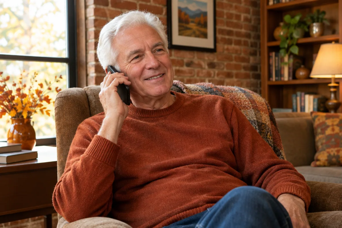 An older man on a follow-up phone call in an armchair