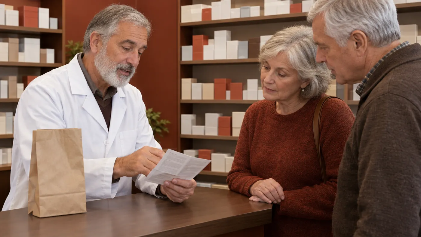 A pharmacist explaining a printed leaflet to an older couple at a pharmacy counter