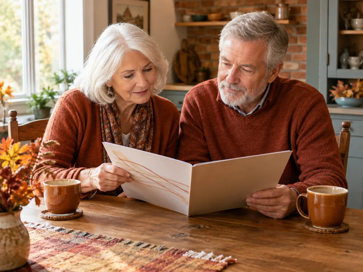 An older couple reviewing a program information folder at a kitchen table with tea